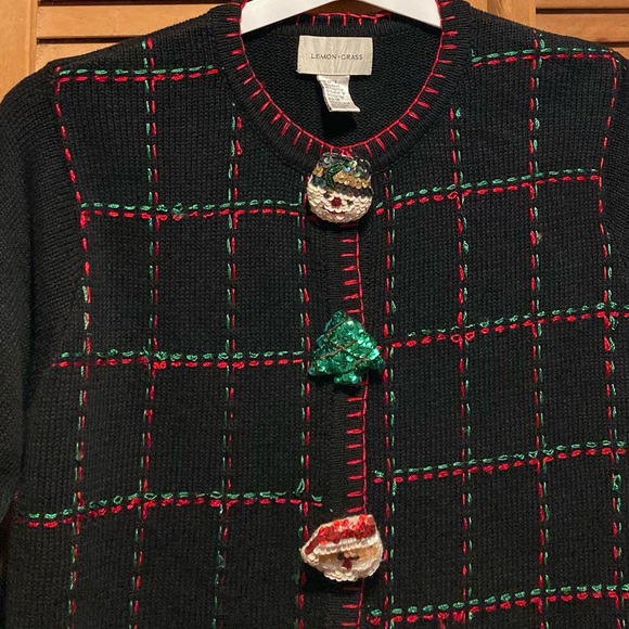 Vintage Lemon Grass Christmas Cardigan with Embellished Sequin Snowman & Santa - Picture 3 of 16